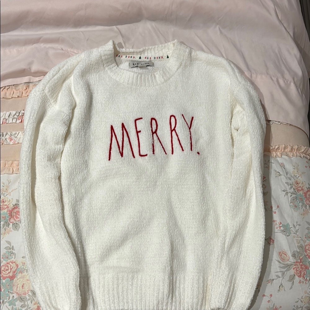 Rae Dunn Red and White Crew Neck Sweater Festive Design